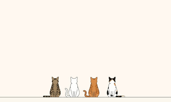 A minimalist illustration featuring four cats sitting in a row with their backs to the viewer, set against a cream-colored background with copy space.