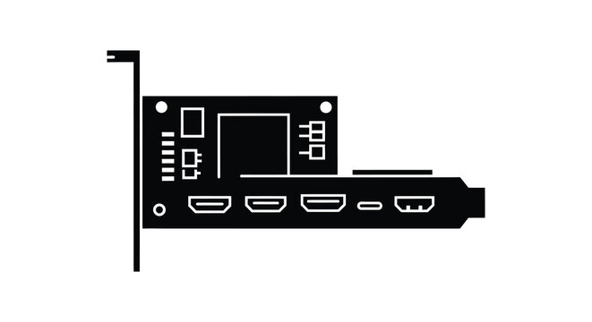 Graphics card with multiple ports depicted as a black silhouette adapter