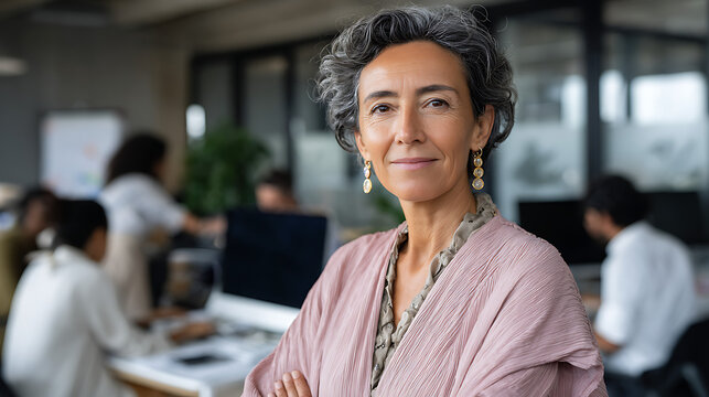 elegant senior businesswoman smiling in office background, corporate professional portrait, confident executive leader