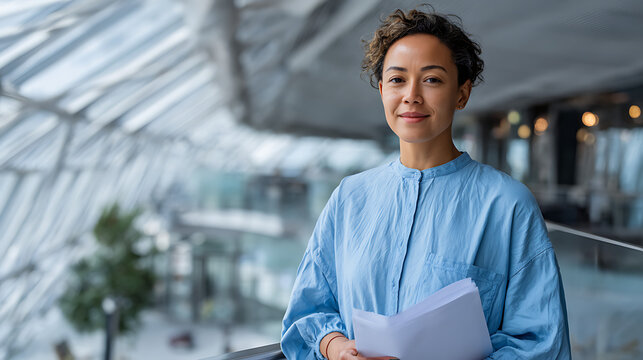 professional woman in blue outfit holding paperwork, modern architecture background, corporate business portrait
