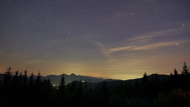 Panoramic mountain nightscape showing shifting sky from warm horizon glow to cool blue with clouds and silhouetted evergreen forest
