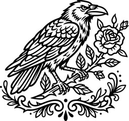 Fototapeta premium Vintage raven perched on rose branch vector, gothic black and white crow illustration, mystical bird and floral woodcut style emblem