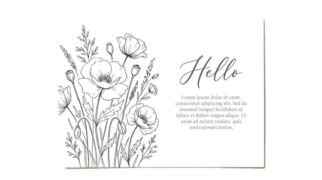 Elegant hand drawn botanical illustration featuring a delicate cluster of blooming poppy flowers with slender stems and leaves depicted in clean minimalist black ink lines presented beautifully on whi