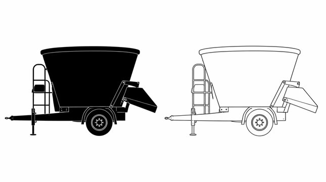 Agricultural TMR Feed Mixer Wagon Silhouette and Line Art Vector