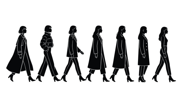 Collection of silhouettes featuring diverse women walking in different fashionable winter coats and stylish outfits for seasonal presentations.