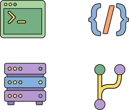 Software development and web programming icon set featuring terminal window, coding script braces, server database storage rack, and git version control branch in flat line art style