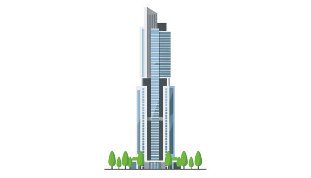 Modern tall office building or apartment skyscraper standing with small green trees at the base on a clean white background.