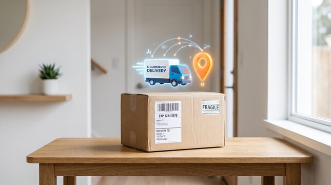 Online Shopping and E-Commerce Delivery Concept, Cardboard Box with Glowing Digital Delivery Truck Icon and Copy Space