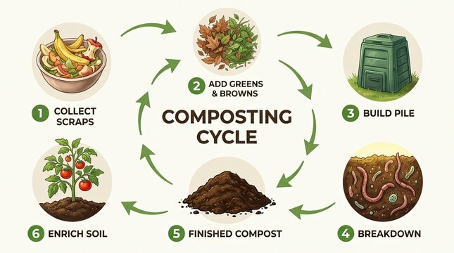 Detailed composting cycle infographic illustrating the process from collecting food scraps and yard waste to enriching soil with finished compost and a tomato plant emphasizing sustainability