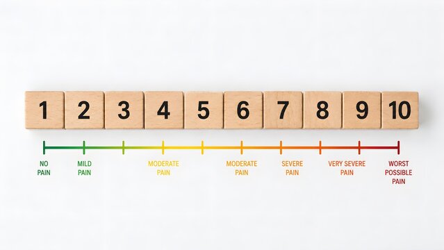 Pain Scale 1 to 10 Visual Rating Chart with Wooden Number Blocks on White Background for Healthcare and Medical Assessment. 