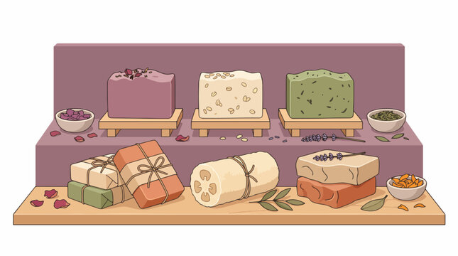 Assorted Artisan Soaps and Bath Products Display.