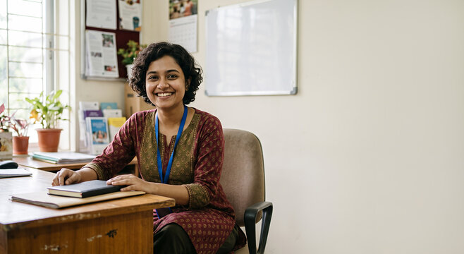 Smiling woman at desk in community office