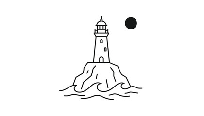 Naklejka premium Minimalist line art illustration featuring a classic lighthouse standing on a rocky island surrounded by stylized ocean sea waves.