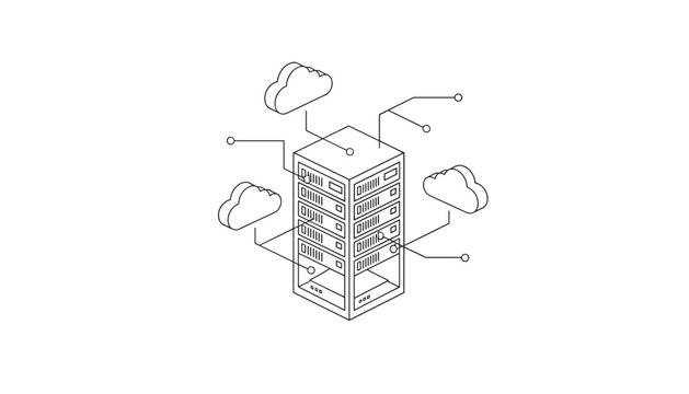 Isometric line art of server rack connected to multiple cloud icons representing cloud storage network architecture and secure digital hosting.