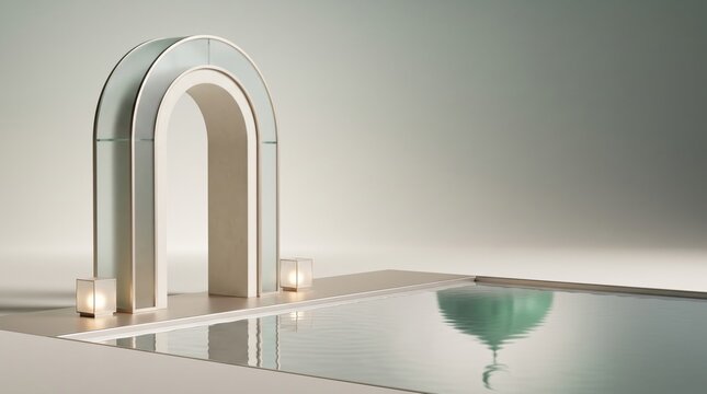 Islamic architectural elements and reflective pool with dome and crescent moon in soft lighting