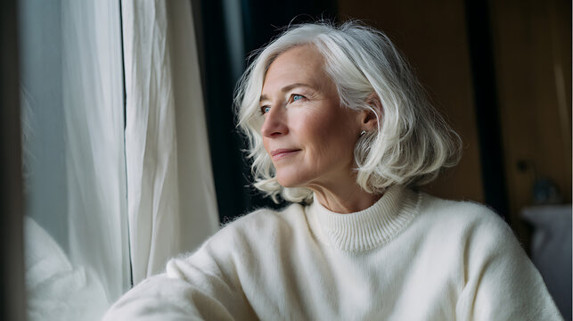 peaceful senior woman with silver hair gazing out window in cozy sweater for lifestyle and reflection concepts