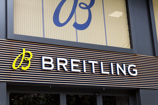Frankfurt, GERMANY - SEPTEMBER 13, 2022: Breitling logo on Breitling store. Breitling is a Swiss luxury watchmaker founded in 1884
