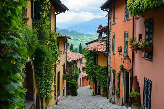 Charming Italian Village Street Featuring Historic Buildings and Greenery.