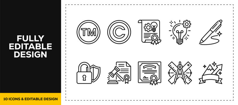 flat vector illustration line art icon bundle set design illustrating intellectual property copyright marks registered trademarks and patent protection elements for web UI
