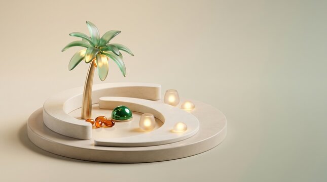 Abstract 3D rendering of a miniature tropical island with a palm tree and lanterns, representing relaxation and vacation