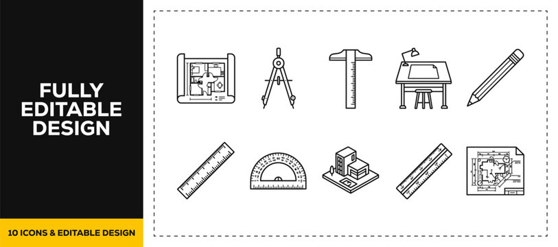 flat vector illustration line art icon bundle set design depicting architecture drafting compass tools structural engineering blueprints and math layout elements for UI UX