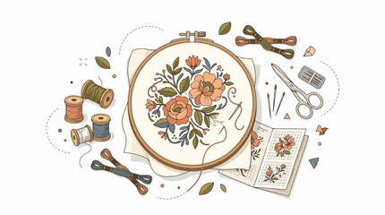 Hand embroidery hoop with floral design and sewing tools. © Didin