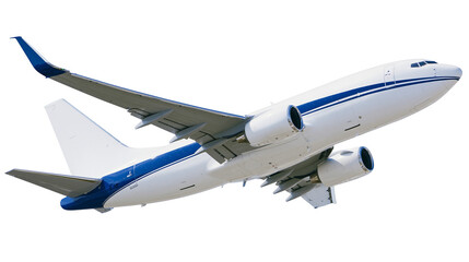 Fototapeta premium White cargo airplane with blue stripes flying
