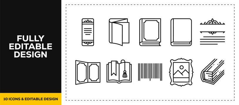 flat vector illustration line art icon bundle set design featuring digital ebooks online reading barcode tags library literature studies and product graphics for web UI