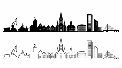 Obraz premium Kristiansand City Skyline Silhouette in Black and White Outline