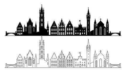 Fototapeta premium Ghent City Skyline Silhouette in Black and White Outline