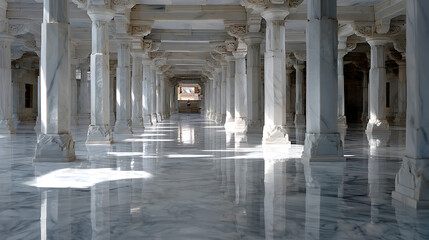 Fototapeta premium majestic palace hallway with symmetrical marble columns and shiny floor for classical architecture concepts