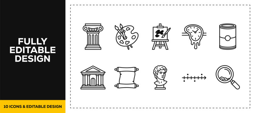 flat vector illustration line art icon bundle set design covering art museum exhibitions historical sculptures classical paintings and creative gallery elements for UI UX