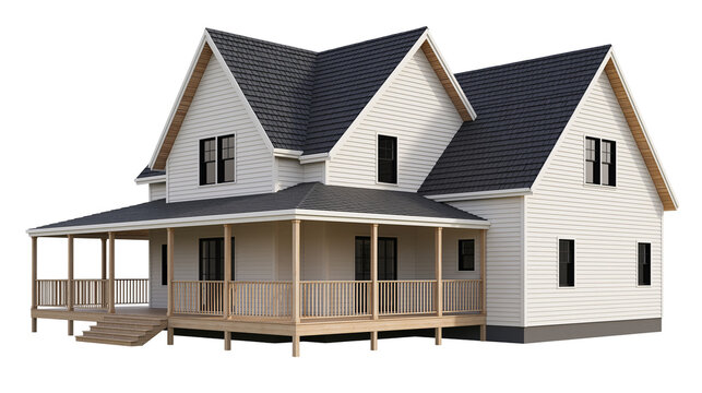 White modern farmhouse with dark roof and wrap-around porch