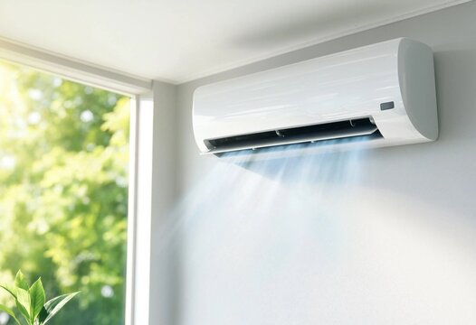 Modern split air conditioner delivering cool fresh airflow indoors, energy-efficient climate control solution for home, office, apartment comfort, minimalist interior, summer cooling technology.