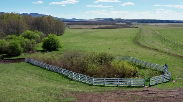 Southern Urals in spring: the Irendyk ridge and the "Well of Hazrat" spring. Aerial view.