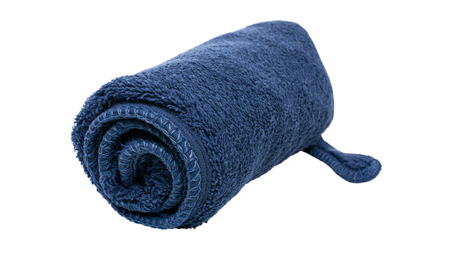 Rolled dark blue terry cloth towel with stitched edge