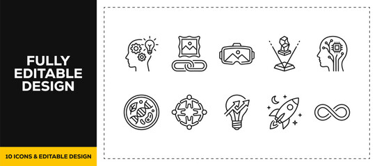 flat vector illustration line art icon bundle set design featuring space exploration astronauts planets universe rockets and galaxy astronomy discovery graphics for web UI © markephics