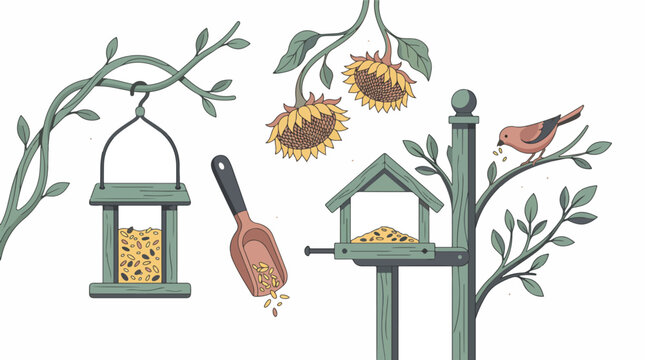 Illustrated bird feeders and sunflowers with birds.
