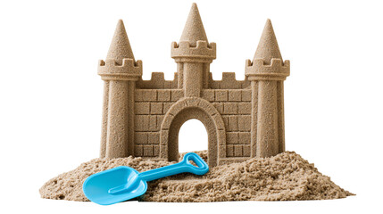 Sand castle with blue shovel on pile of sand © Elena