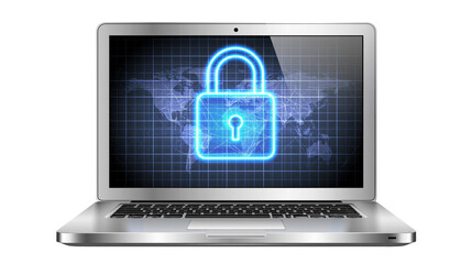 Laptop screen displays glowing blue padlock over world map grid © Elena