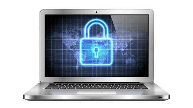 Laptop screen displays glowing blue padlock over world map grid