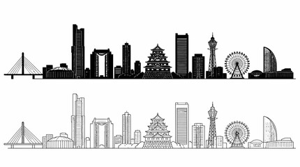 Obraz premium Osaka City Skyline Silhouette, Minimalist Vector Illustration