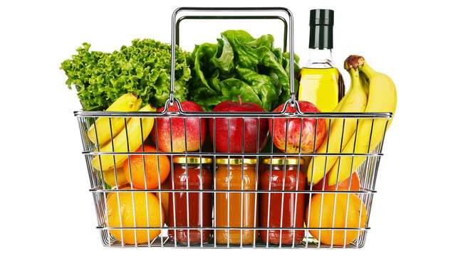 Metal shopping basket filled with fresh fruits vegetables jars, and oil bottle