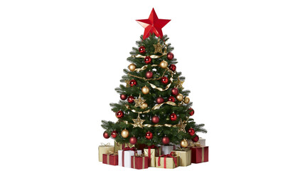 Fototapeta premium Decorated Christmas Tree with Red Star Topper and Gifts
