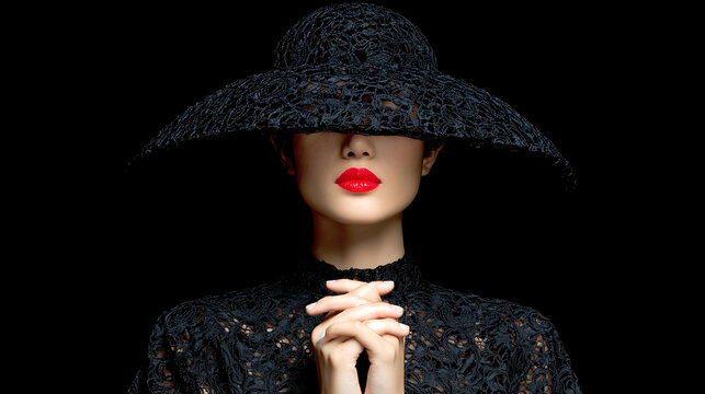 mysterious woman wearing elegant black lace hat with red lipstick posing for fashion and beauty photography
