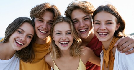 Obraz premium Three happy teens in casual summer outfits share a warm embrace under bright sunlight, highlighting friendship and youth.