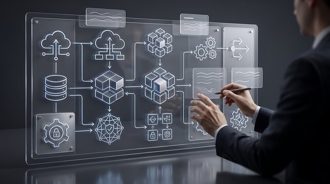 Person drawing cloud computing network diagram on smart board