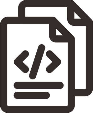 Minimalist black line icon of two code document files with script symbols on a white background for software development and programming projects