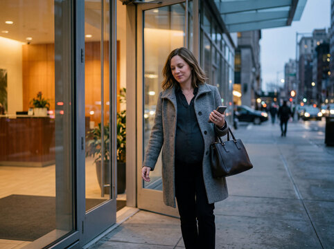 Pregnant businesswoman leaving the office after work while walking through the city with a smartphone during the evening commute