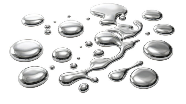 Liquid mercury drops scattered on a surface isolated on transparent background